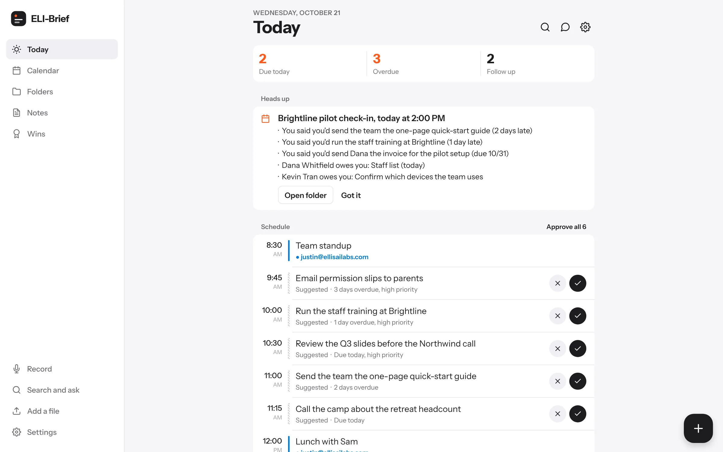 ELI-Brief in a web browser: a heads-up before today's customer meeting with what you owe them and what they owe you, then today's schedule with suggested times for to-dos to approve