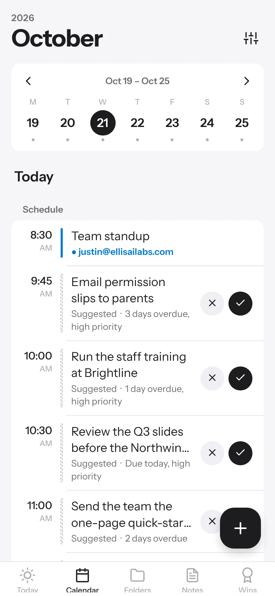 ELI-Brief's calendar: a week across connected calendars, with suggested times for to-dos to approve or skip