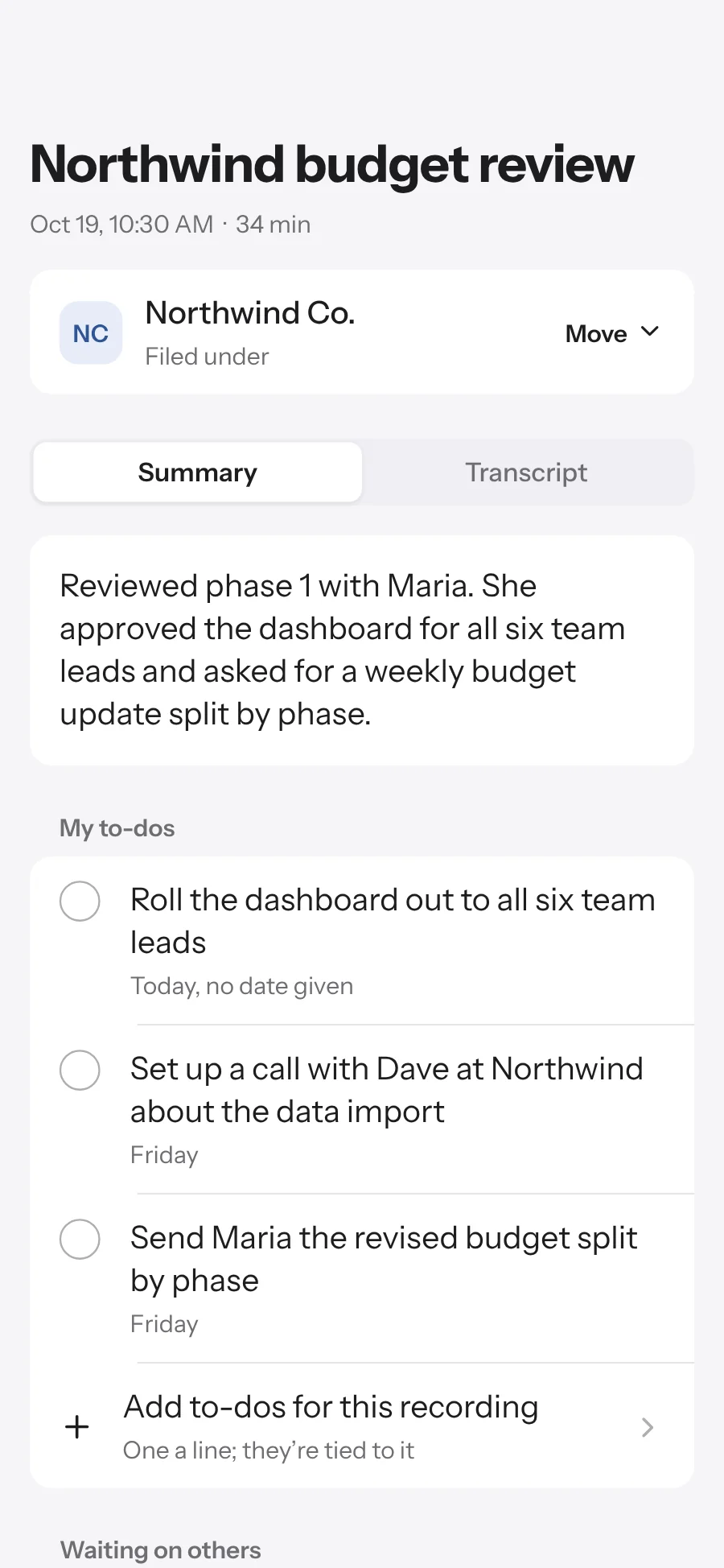 A meeting note in ELI-Brief: the summary, the folder it's filed in, and the to-dos it produced