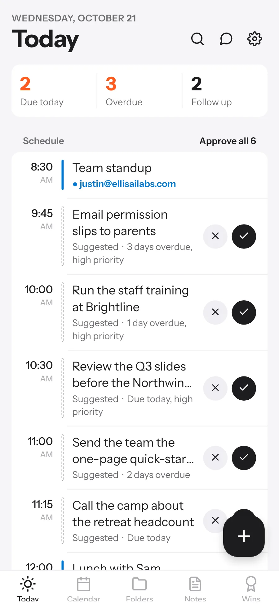 ELI-Brief on a phone: the Today screen with what's due, what's late and who to follow up with, and suggested times for each to-do