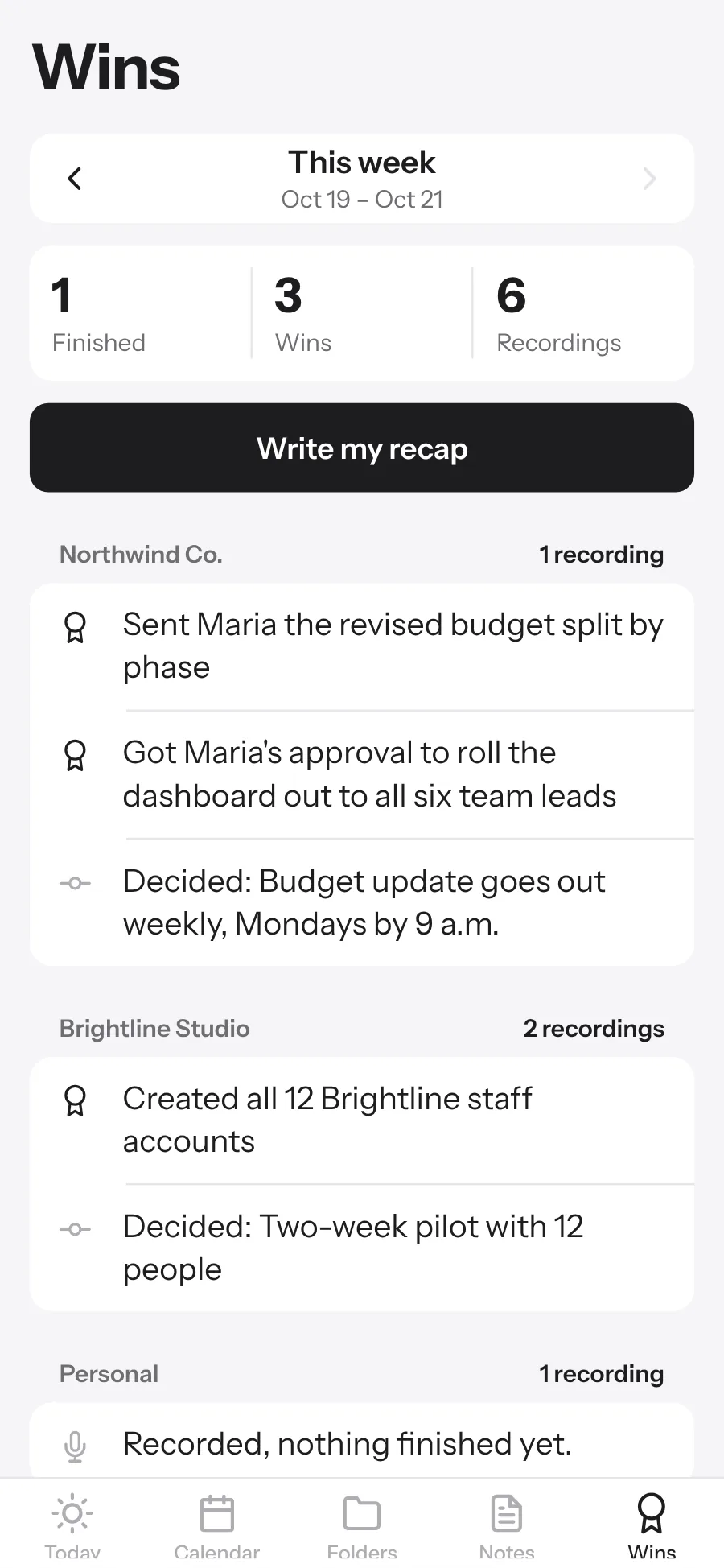 ELI-Brief's Wins screen: this week's finished to-dos, wins and recordings, with a button to write a recap